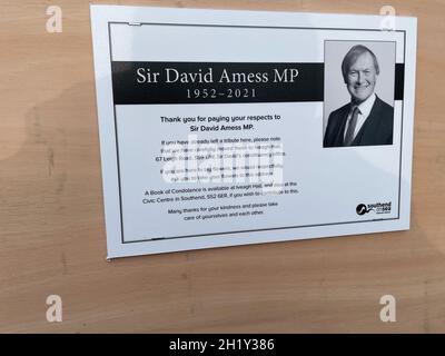 A sign placed next to the floral tributes left outside the Belfairs Methodist Church in Leigh-on-Sea, Essex, where Conservative MP Sir David Amess was killed on Friday. Picture date: Tuesday October 19, 2021. Stock Photo