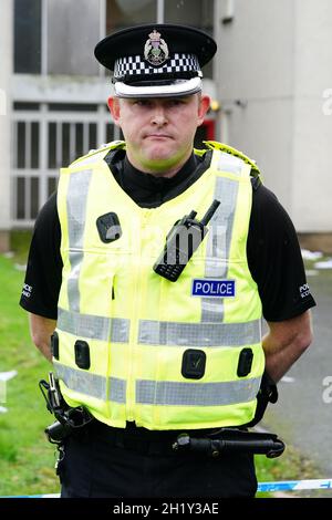 Police Scotland Chief Inspector Derrick Johnston, area commander for South Ayrshire, speaks to the media at the incident in Gorse Park, Kincaidston, where two adults and two children were taken to hospital following a large explosion at a house on Monday. Picture date: Tuesday October 19, 2021. Stock Photo