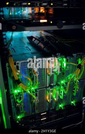 Closeup of computer server with colorful lights and wires Stock Photo ...