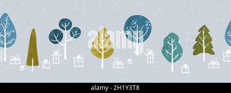 Lovely hand drawn colorful trees, winter theme, doodle wood with gift boxes and snowflakes - great for textiles, banners, wrapping, wallpapers - vecto Stock Vector