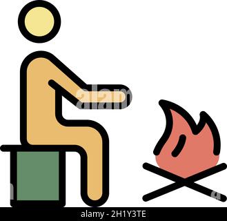 Man at campfire icon. Outline man at campfire vector icon color flat isolated Stock Vector
