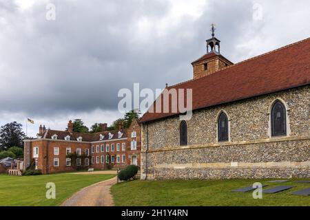 Stonor House and its 12th-century private chapel at Stonor Park, situated in a valley in the Chiltern Hills near Henley-on-Thames, England.