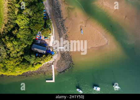 Top Down view of Stoke Gabriel and River Dart from a drone, Devon, England, Europe Stock Photo