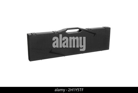 Black plastic hard case for transporting and storing weapons. Gun container isolate on a white background. Stock Photo