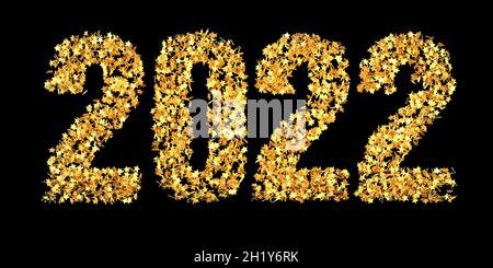 Glittering golden stars building the number 2022 on pure black background for good blend-if handling with Photoshop. Happy New Year 2022 concept.