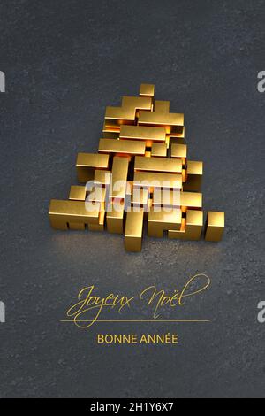 Christmas tree made from golden tetris style blocks. French Message 'Joyeux Noël / Bonne Année' (Merry Christmas / Happy New Year) at the bottom. Stock Photo