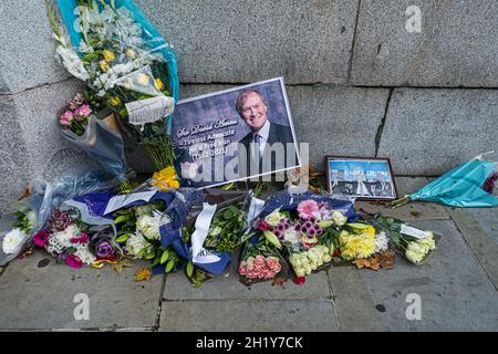 weSTMINSTER LONDON, UK. 19th Oct, 2021. Floral tributes are placed by supporters from Iran following the death of Sir David Amess at his constituency surgery in Leigh-on-Sea Essex on 15 October. Credit: amer ghazzal/Alamy Live News Stock Photo