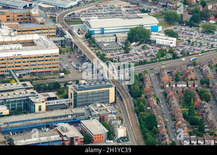 Aerial image of the Queens Medical Centre and the A52 in Nottingham, Nottinghamshire England UK Stock Photo