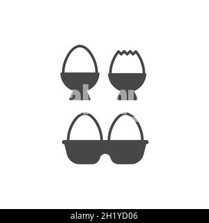 Egg in bowl and eggs in carton vector icon set. Black glyph symbol set. Stock Vector