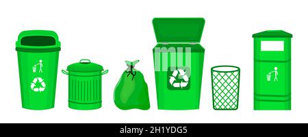 Set of garbage bins isolated on white background.Different green dustbins.Trash container, bucket, bag and basket.Waste cans.Stock vector illustration Stock Vector