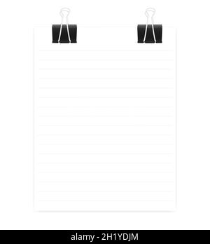 Blank lined paper sheet with two black binder clips isolated on white background. Vector mock-up for design Stock Vector