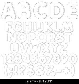 Inflatable alphabet, letters, numbers and signs. Set of black and white isolated vector objects on white background. Stock Vector