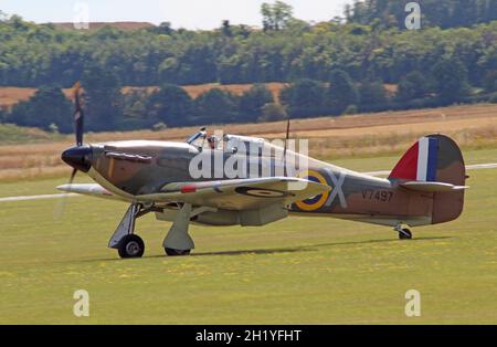 Restored Hawker Hurricane V7497 at Duxford airfield, Cambridgeshire Stock Photo