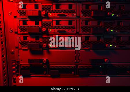 Data center storage device with functioning blade servers Stock Photo