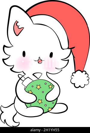 Christmas kawaii Cat with toy. Season greetings. Vector sticker for messenger Stock Vector