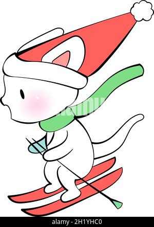 Christmas kawaii Cat skiing. Christmas is coming. Vector sticker for messenger Stock Vector