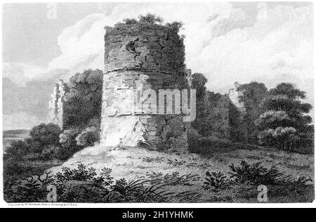 An engraving of Goodrich Castle, Herefordshire scanned at high resolution from a book printed in 1812. Believed copyright free. Stock Photo