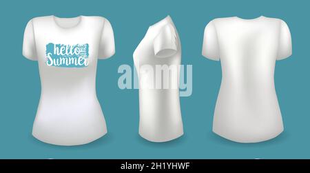 White female t shirt with label. Front, back and side view. Hello summer badge. Vector Stock Vector