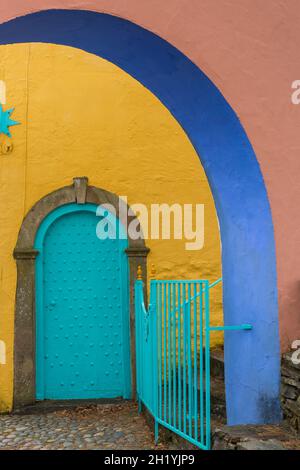 Portmeirion village, Gwynedd, North Wales colourful door and doorway - tourist village designed & built by Sir Clough Williams-Ellis between 1925-1975 Stock Photo