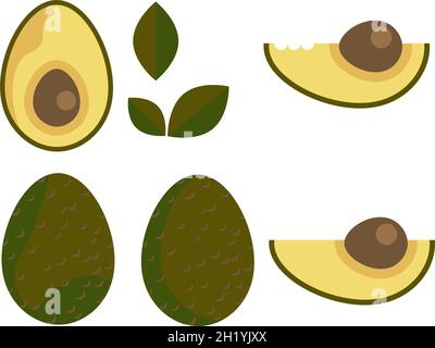 Avocado icon set drawing in flat style clipart with organic colors Stock Vector