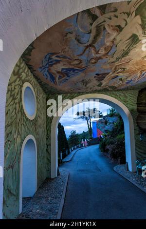 Portmeirion village, Gwynedd, North Wales mural on ceiling of Gate House - tourist village designed & built by Sir Clough Williams-Ellis 1925-1975 Stock Photo