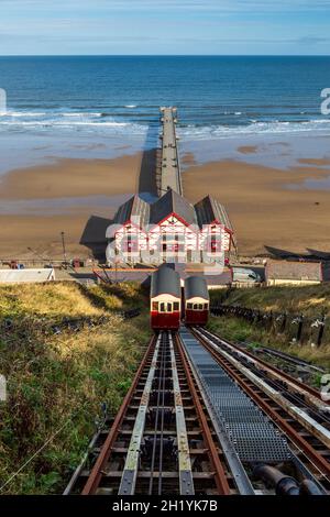 The Funicular Railway and Pier at Saltburn-by-the-Sea, North Yorkshire, England Stock Photo