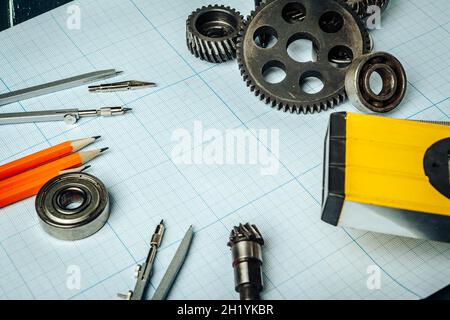 Car engineering tools top view on graph paper Stock Photo
