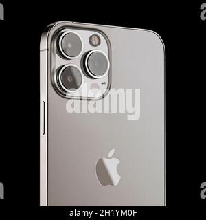 iPhone 13 pro on a black background. three close-up phone cameras, apple logo. russia, krasnoyarsk 13 october 2021. Stock Photo