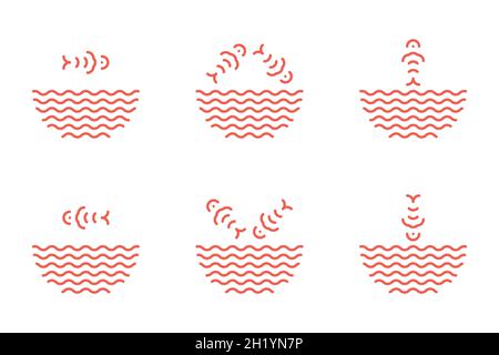 Poke bowl logos set in linear style. Fish jumping from water waves. Fish ramen noodles soup bowl symbols Stock Vector