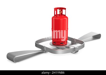 trap bear and gas cylinder on white background. Isolated 3D illustration Stock Photo