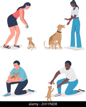 Owners playinh with pets semi flat color vector character set Stock Vector