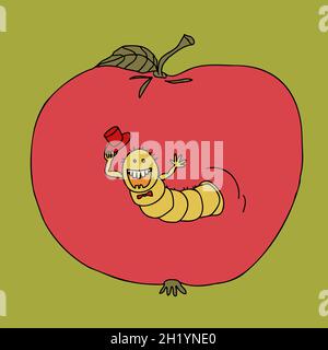 Worm in the apple. Proverb, metaphoric idiom. Stock Vector