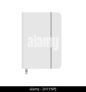 Closed note book with ribbon bookmark and elastic closure strap. Gray notebook front cover isolated on white. Vector mockup Stock Vector