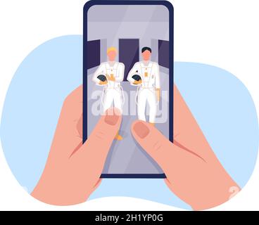 Watch cosmonauts on smartphone 2D vector isolated illustration Stock Vector