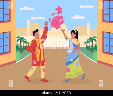 Celebrating Holi festival flat color vector illustration Stock Vector