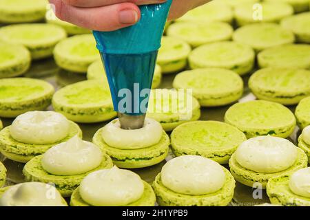 Pistachio macarons filled with cream Stock Photo