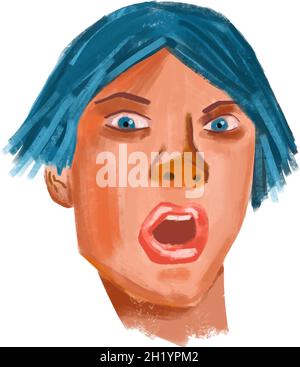 Surprised boy portrait with open mouth and blue hair Stock Vector
