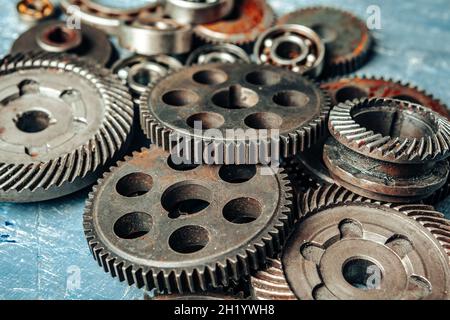 Close up of old rusty car parts on dark background Stock Photo
