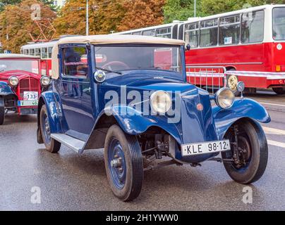 BRNO, CZECH REPUBLIC - Aug 28, 2021: An old renovated blue Tatra car in Brno Stock Photo
