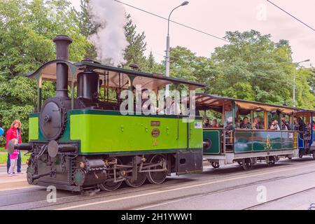 BRNO, CZECH REPUBLIC - Aug 28, 2021: An old renovated historic tram functional, carrying passengers Stock Photo