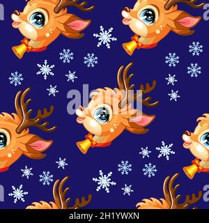 Seamless pattern with cute deers heads and snowflakes. Winter Christmas concept. Vector illustration isolated on blue background. For design, print, d Stock Vector