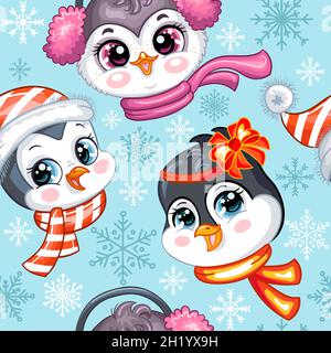 Seamless pattern with cute penguins heads and snowflakes. Winter Christmas concept. Vector illustration isolated on purple background. For design, pri Stock Vector