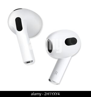 Vinnytsia, Ukraine - October 19, 2021: New white wireless headphones 3rd generation on both sides. Realistic vector illustration EPS10. Stock Vector