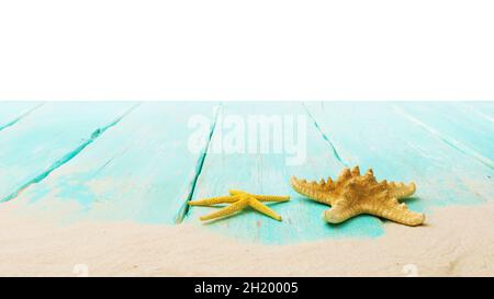 Starfishes and sand on wooden boards, template for designers Stock Photo
