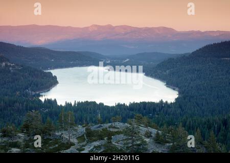 Autumn Sunset over Donner Lake via Donner Pass. Truckee, Nevada County, California, USA. Stock Photo