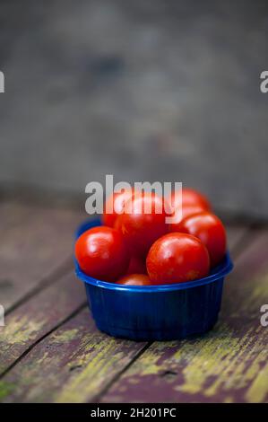 Cocktail tomatoes in a blue plastic bowl Stock Photo