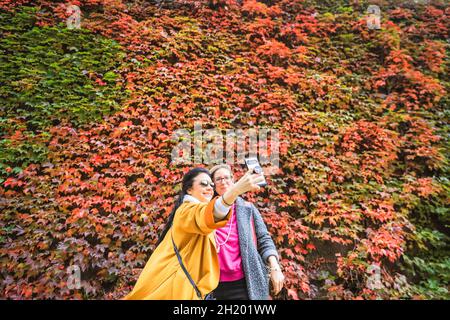 Westminster, London, UK. 19th Oct, 2021. Two women take selfies with the vibrant wall. People walk past the vibrant wall. The virginia creeper (Parthenocissus quinquefolia) at the Admiralty Citadel near Horseguards Parade is slowly turning to its vibrant red and orange autumn colours, on a very mild day in London with temperatures around 19 degrees. Credit: Imageplotter/Alamy Live News Stock Photo