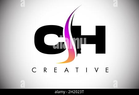 CH Letter Logo Design with Creative Shoosh and Modern Look Vector Illusttration. CH Letter Icon Logo with curved shape in the Middle Stock Vector
