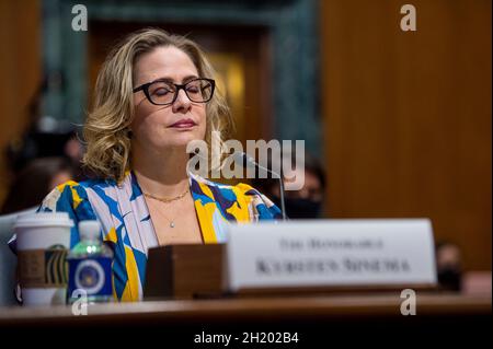 United States Senator Kyrsten Sinema (Democrat of Arizona) offers remarks in support of the nomination of Chris Magnus to be Commissioner of U.S. Customs and Border Protection, Department of Homeland Security, during a United States Senate Committee on Finance nominations hearing on Capitol Hill in Washington, DC, Tuesday, October 19, 2021. (Photo by Rod Lamkey/Pool/Sipa USA)