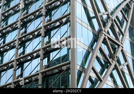 Facade details of glass and steel on the Cannon Street Underground and mainline stations in City of London, England. Stock Photo